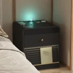 Smart nightstand with charging station and LED lights in a modern bedroom setting