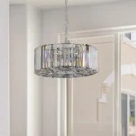 Close-up of the chrome-finished canopy and adjustable height cord of the Goldoma crystal chandelier.
