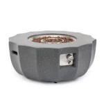 Eco-friendly petal-shaped propane fire bowl with blue flames on patio