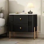 Modern wooden bedside table with two drawers in a bedroom setting - Goldoma nightstand