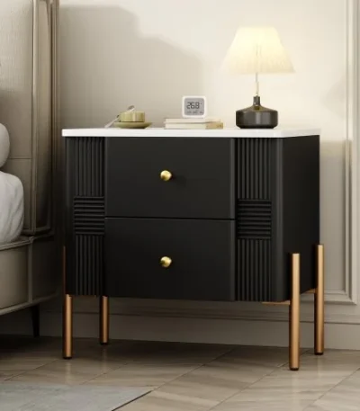 Modern wooden bedside table with two drawers in a bedroom setting - Goldoma nightstand