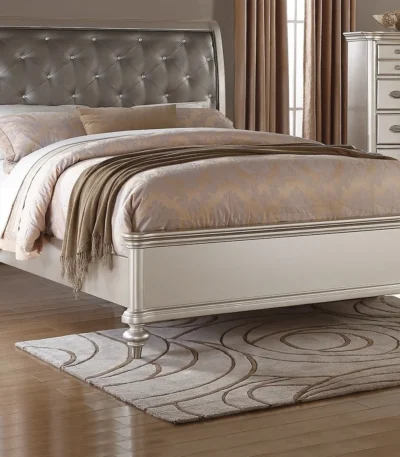 Silver faux leather tufted California king headboard with diamond tufting and adjustable height from Goldoma