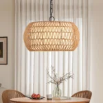Close-up of the boho woven jute rope texture on the farmhouse pendant light, showing natural fibers and warm tones.