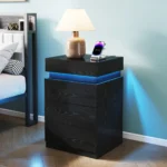 Modern black wooden nightstand with built-in charging station and LED lighting, featuring 3 drawers and sliding top