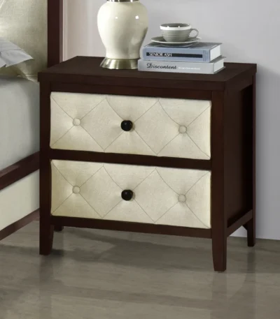 Cherry espresso 2-drawer tufted linen nightstand modern bedroom furniture