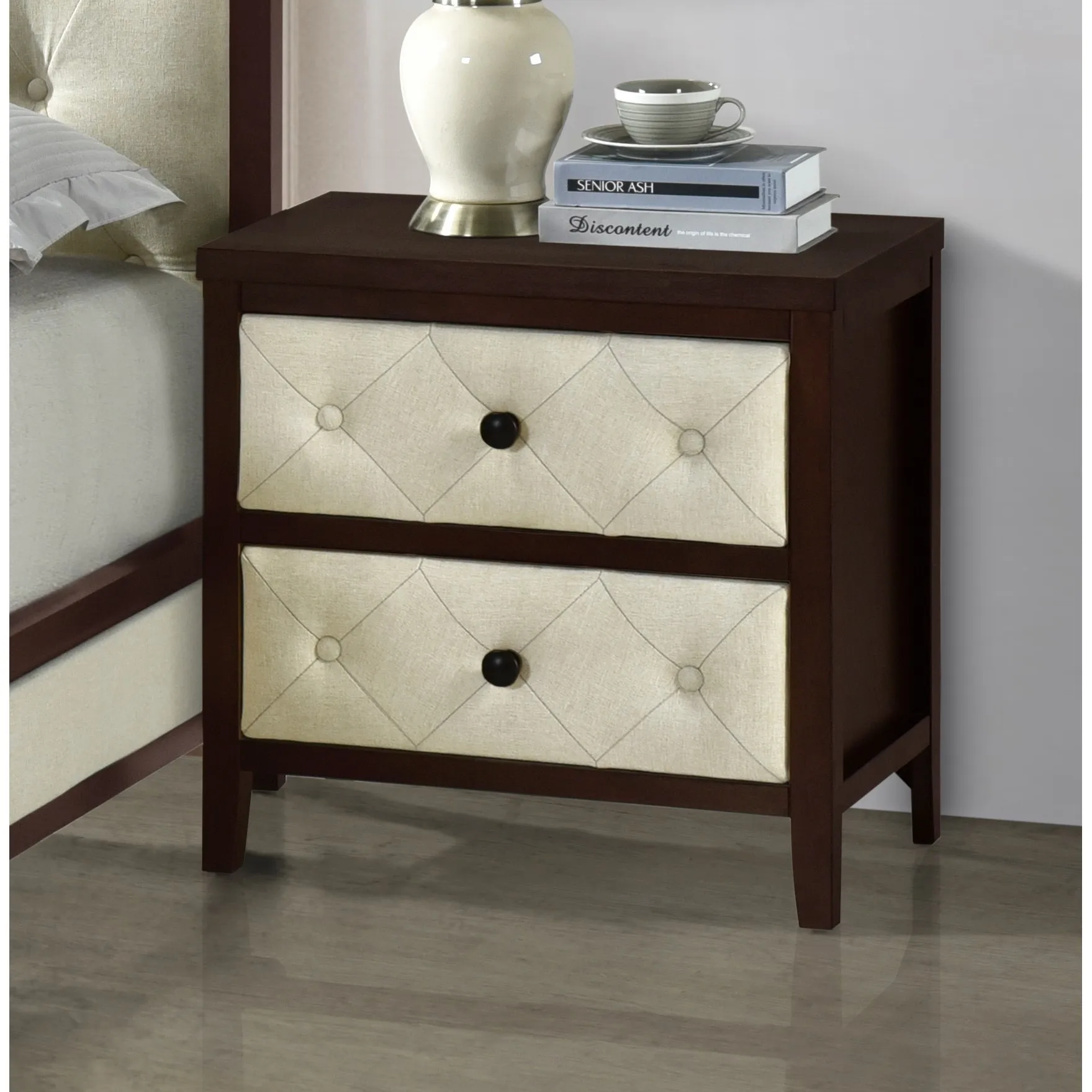 H400630700d494958979a2fdfbbc94b55U.webp Cherry espresso 2-drawer tufted linen nightstand modern bedroom furniture