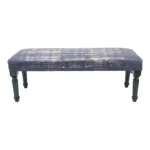 47-inch upholstered bench with blue and cream abstract pattern and blue legs in a living room