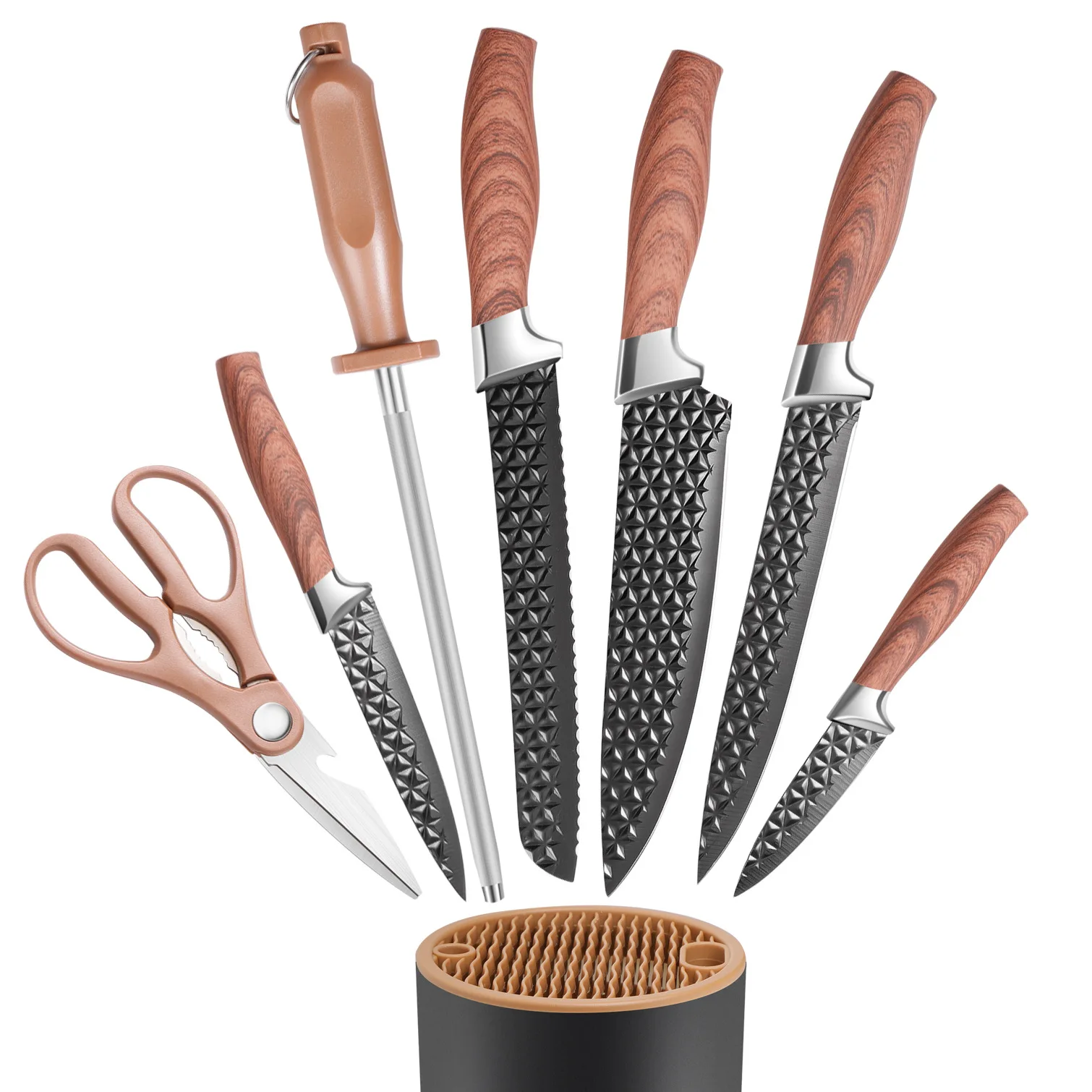 IOKO 7-piece Japanese kitchen knives set on wooden cutting board