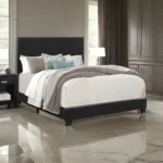 Goldoma Shirin queen upholstered bed with chenille headboard and nailhead trim in black finish