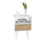White rattan end table with drawer and solid wood legs, modern nightstand for bedroom or living room