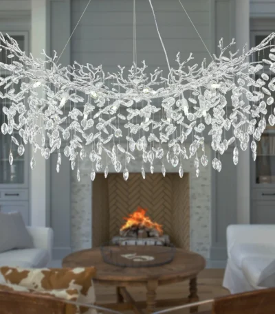 Modern Crystal Silver Chandelier, 47" Large Rectangular Tree Branch Chandeliers for Dining Room Over Table,Living Room,Island