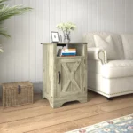 Farmhouse nightstand with USB charging station - rustic wooden bedside table with light grey finish and cabinet storage