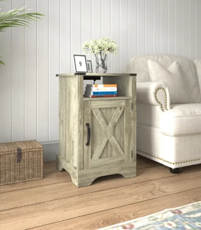 Farmhouse nightstand with USB charging station - rustic wooden bedside table with light grey finish and cabinet storage