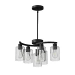 US Stock Free Shipping 21.7in Matte Black Clear Glass 6-Light Modern Farmhouse Chandelier Hanging Pendant Light – angled view
