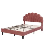 Goldoma full size velvet platform bed with floral upholstered headboard, eco-friendly teak wood construction