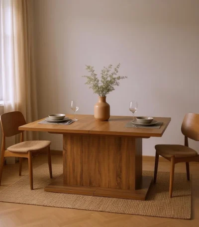 63 inch brown wood extendable dining table with self-storing leaf and pedestal base
