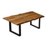 63-inch solid wood dining table with black sled base and brown top in modern industrial style from Goldoma