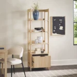 FCJ Oak Transitional Narrow Bookshelf with Drawer for Home Office Workshop Living Room Melamine Wood Style for Book Storage