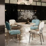 Modern round wood pedestal dining table for 4 in oak finish