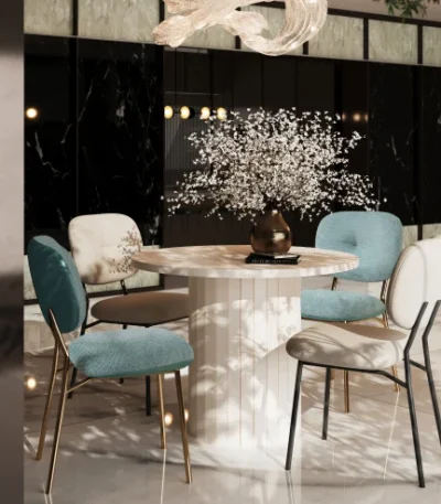 Modern round wood pedestal dining table for 4 in oak finish