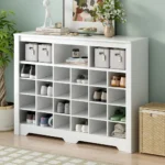 Sleek Design 24 Shoe Cubby Console, Modern Shoe Cabinet with Curved Base, Versatile Sideboard - Image 7