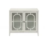 Black sideboard with glass doors in a modern dining room featuring antique solid wood finish