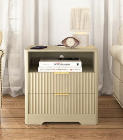 Nightstand with USB charging station and two drawers in wood finish by Goldoma