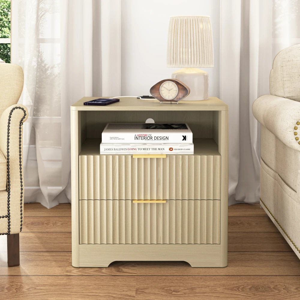 H4122e95a29f743dea5ee0db1e3742442b.webp Nightstand with USB charging station and two drawers in wood finish by Goldoma