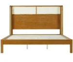 Goldoma teak wood platform bed frame queen size with soft upholstered headboard in modern bedroom