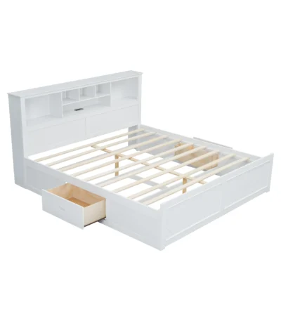 Goldoma king size platform bed with storage headboard and USB ports in white finish