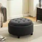 Goldoma 29.33"W Upholstered Round Ottoman with Reversible Lid – Fleece Fabric Storage Stool for Living Room – angled view