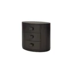 Modern oval nightstand with 3 drawers in dark wood finish – compact bedside storage unit