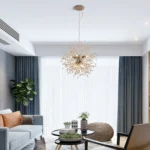 Angle view of the 8-light pendant fixture against a white ceiling, showing its symmetrical firework shape.