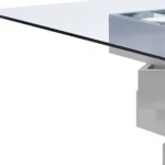 Modern 59-inch square glass dining table with gray solid wood pedestal base, positioned in a dining room