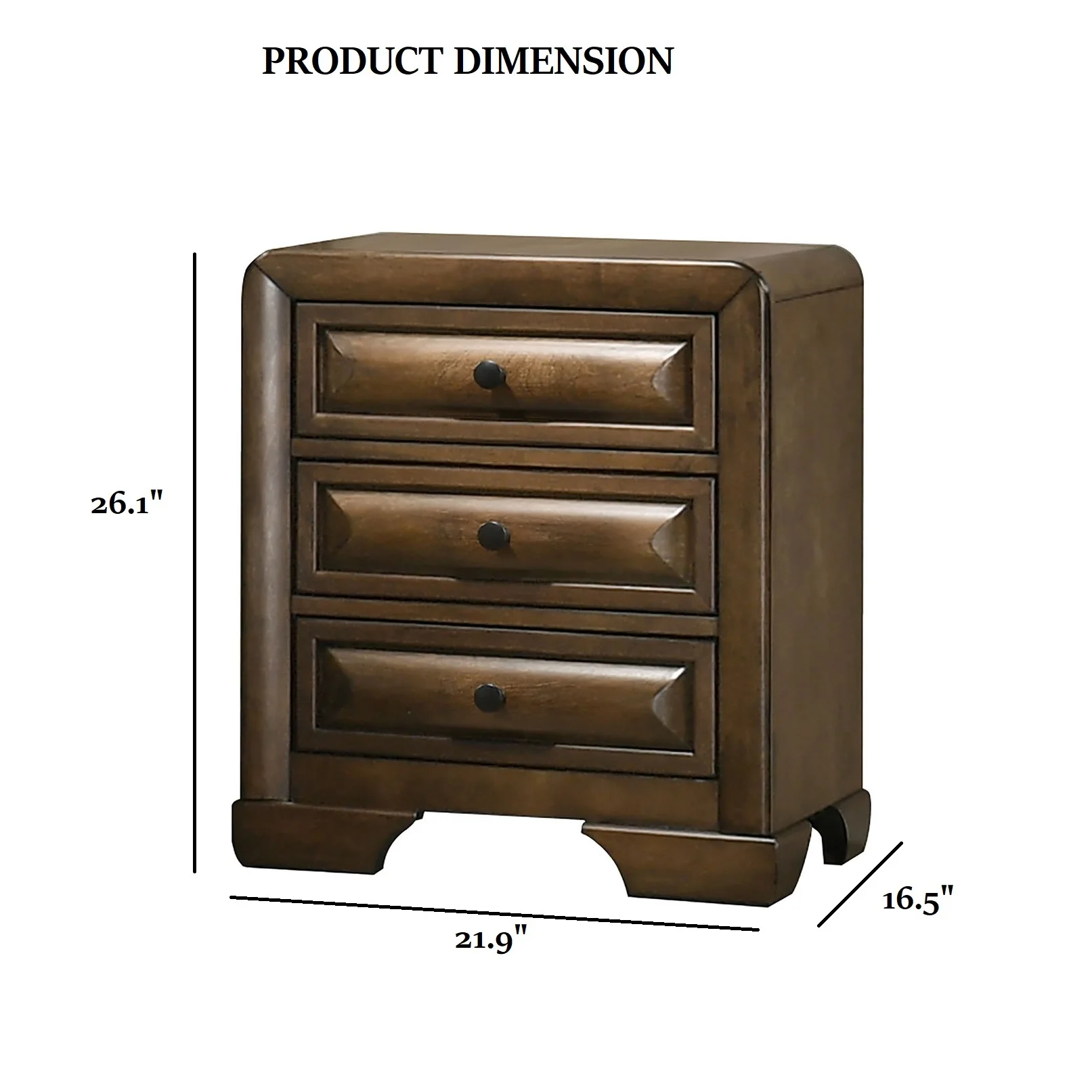 Transitional Nightstand with 3 Drawers, Brown Finish
