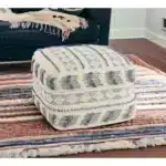Goldoma 18" Blue Striped Pouf Ottoman - Antique Rattan Wood Bench with Storage – styled in a modern Ottomans & Benches