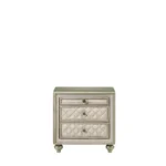 Lucienne beige velvet nightstand with glass top and quilted drawers, modern luxury bedside table