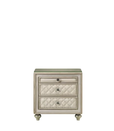 Lucienne beige velvet nightstand with glass top and quilted drawers, modern luxury bedside table