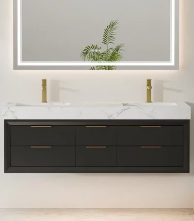 Goldoma Homein 60-inch modern black floating double sink vanity with engineered stone top, front view in a bright