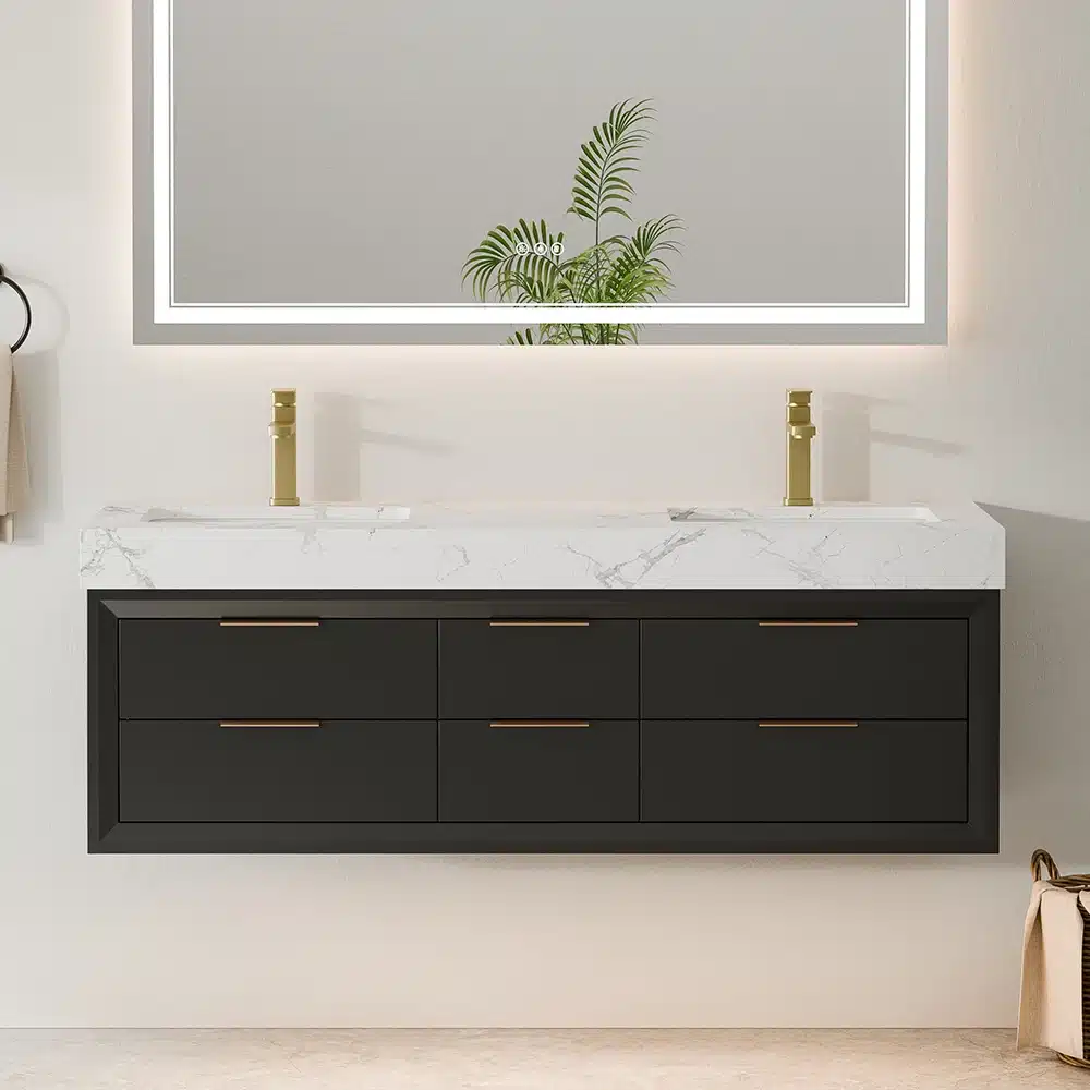 Goldoma Homein 60-inch modern black floating double sink vanity with engineered stone top, front view in a bright