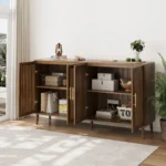 63 Inch Walnut Sideboard Buffet Cabinet With Storage ,Grille-Striped 4 Doors Sideboard - Image 2