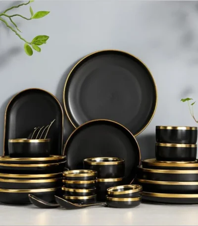 Gilt Rim Black Porcelain Dinner Plates Kitchen Dishes Ceramics Tableware Food Tray Rice Salad Noodles Bowl Cutlery Set