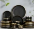 Gilt Rim Black Porcelain Dinner Plates Kitchen Dishes Ceramics Tableware Food Tray Rice Salad Noodles Bowl Cutlery Set
