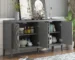 Modern dining room storage sideboard with circular groove design and wood handles