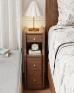 Narrow Solid Walnut Wood Nightstand with 3 Drawers – angled view