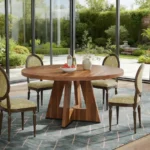 Modern round dining table with marble top and wood legs seating six in a living room