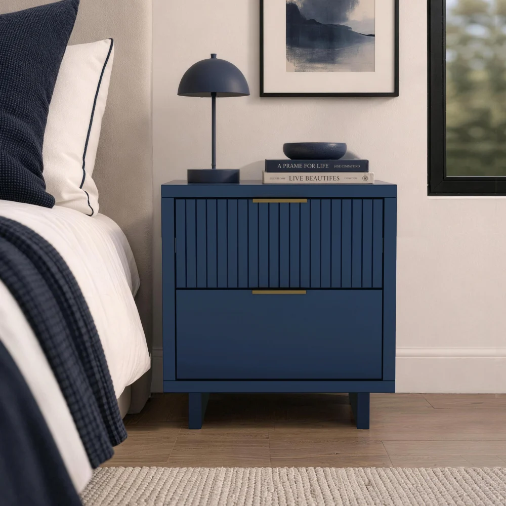 Midnight Blue Minimalist Nightstand with Wooden Legs and Gold Handles