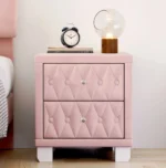 Modern solid wood nightstand with two drawers in a minimalist bedroom setting