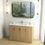 Modern floor standing bathroom cabinet with 4 doors, angled view showing depth and storage space