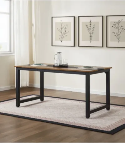 FCJ Large Office Gaming Desk 59.8-70.9 Inch Rustic Black Wooden Desk Modern Simple Style Legroom Metal Frame for Home Office